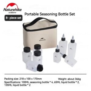 Portable seasoning bottle set Naturehike CNH22CJ043 tersedia di 6in1 dan 8in1, produk ini memudahkan anda dalam menyimpan bumbu-bumbu saat camping, hiking, piknik, maupun kegiatan outdoor lainnya. Anda bisa mendapatkan produk ini di Erjee Camping Store Bali.