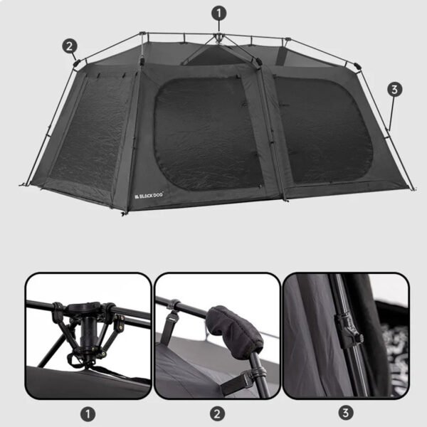 Automatic Blackdog Tent 2.0 Naturehike ini telah dilengkapi dengan UPF50+ yang memiliki dua ruang dan empat pintu ini memiliki sirkulasi udara yang bagus, selain itu tenda ini memiliki kapasitas untuk empat hingga delapan orang. Anda dapat membeli produk ini di Erjee Camping Store.