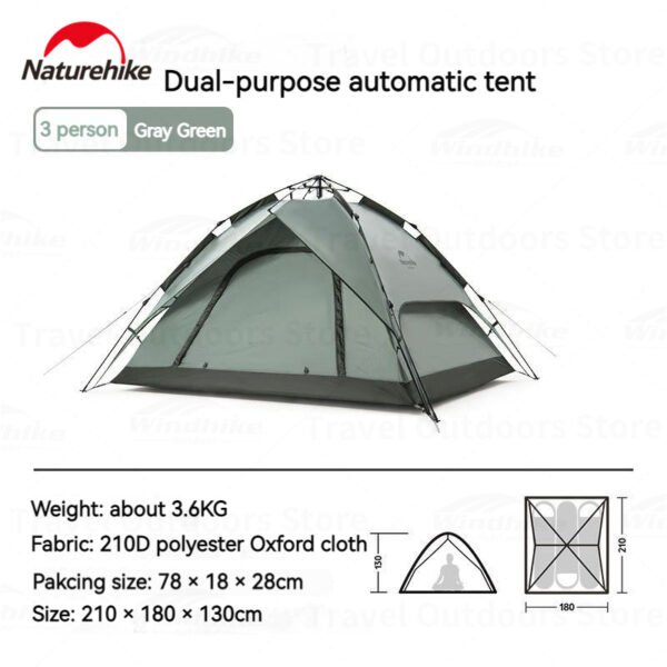 Automatic tent pop up NH21ZP008 tersedia di variasi untuk dua orang dan tiga orang dan ada di warna forest green. Tenda ini sudah dilengkapi dengan fitur windproof dan waterproof, dilengkapi dengan dua jendela dan dua pouch di tenda. Tas dari tenda ini juga dilengkapi dengan handle sehingga mudah untuk dibawa kemana-mana. Anda dapat mendapatkan tenda ini di Erjee Camping Store, bagi anda yang berdomisili di Bali ini merupakan toko yang menyediakan peralatan camping, hiking dan glamping terlengkap di Bali.