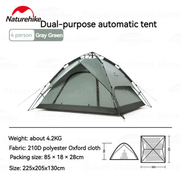 Automatic tent pop up NH21ZP008 tersedia di variasi untuk dua orang dan tiga orang dan ada di warna forest green. Tenda ini sudah dilengkapi dengan fitur windproof dan waterproof, dilengkapi dengan dua jendela dan dua pouch di tenda. Tas dari tenda ini juga dilengkapi dengan handle sehingga mudah untuk dibawa kemana-mana. Anda dapat mendapatkan tenda ini di Erjee Camping Store, bagi anda yang berdomisili di Bali ini merupakan toko yang menyediakan peralatan camping, hiking dan glamping terlengkap di Bali.