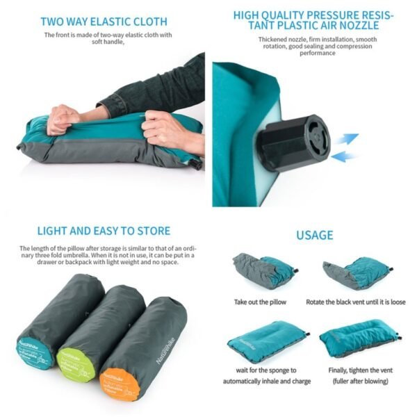 Automatic inflate pillow Naturehike NH17A001-L, bantak otomatis terisi oleh angin, nyaman dan lembut di kulit, ketinggian bantal dapat diatur, ringan dan mudah dibawa. Anda bisa mendapatkan produk ini di Erjee Camping Store Bali.