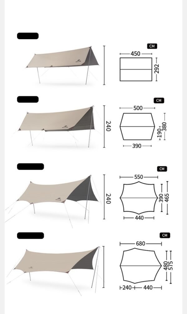 Flysheet Tiblack Shelters Naturehike CS2350WS010 tersedia di dua ukuran yaitu snall untuk kapasitas 12 hingga 14 orang dan large untuk kapasitas 16 hingga 18 orang. Anda bisa mendapatkan flysheet ini di Erjee Camping Store, toko alat camping terlengkap di Bali