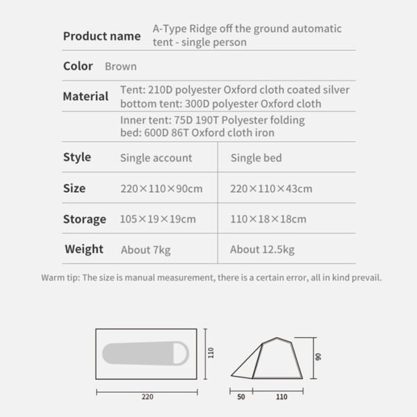 Automatic Roof Off Ground Tent CNH22ZP001 tersedia ukuran double dan single, tenda ini hanya ada di warna brown atau cokelat. Dibuat dengan desain yang ergonomic akan membuat anda merasa nyaman saat tidur. Ini merupakan rekomendasi tenda untuk traveling karena ringan, portable dan mudah untuk di pasang. Anda dapat membeli produk ini di Erjee Camping Store.