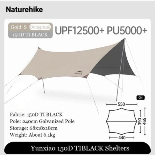 Flysheet Tiblack Shelters Naturehike CS2350WS010 tersedia di dua ukuran yaitu snall untuk kapasitas 12 hingga 14 orang dan large untuk kapasitas 16 hingga 18 orang. Anda bisa mendapatkan flysheet ini di Erjee Camping Store, toko alat camping terlengkap di Bali