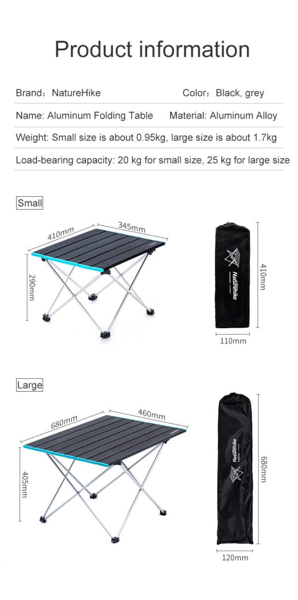 FT08 folding table naturehike terbuat dari bahan aluminium alloy. Tersedia dua ukuran kecil dan besar. Meja lipat sudah dilengkapi dengan storage bag. Meja lipat ini riangan, kuat dan anti karat. Meja yang ringan ini mudah untuk di lepas pasang dan mempunyai ukuran yang compact serta dapat menapong beban hingga 20kg. Anda bisa mendapatkan meja lipat ini di Erjee Camping Store, toko alat camping terlengkap di Bali.