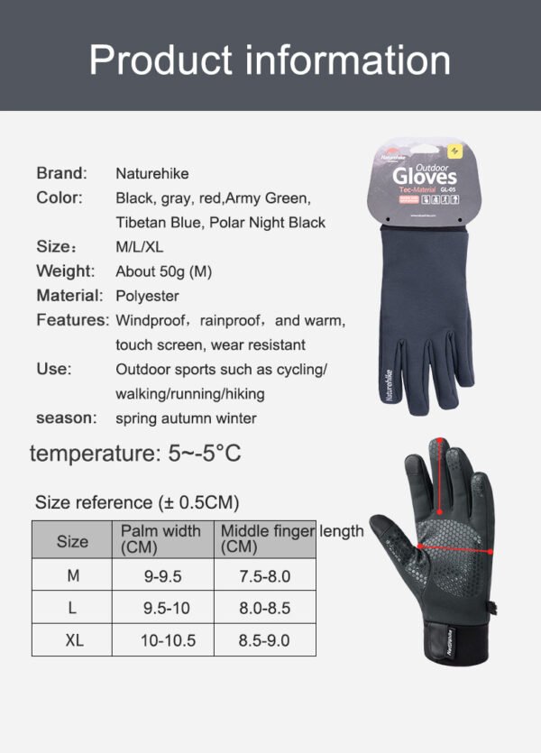 Water repellent soft gloves Naturehike NH19S005-T terbuat dari bahan polyester yang anti air, hangat, touch screen, lembut di kulit dan anti slip. Anda bisa mendapatkan sarung tangan ini di Erjee Camping Store, toko alat camping dan hiking di Bali.