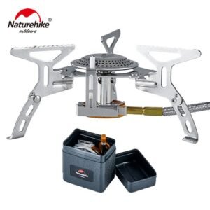 Folding camping stove Naturehike NH21RJ009 availabe with adaptor terbuat dari bahan stainless steel dan aluminium alloy dan dilengkapi dengan tas penyimpanan. Anda bisa mendapatkan kompor camping ini di Erjee Camping Store Bali, camping gear Bali.