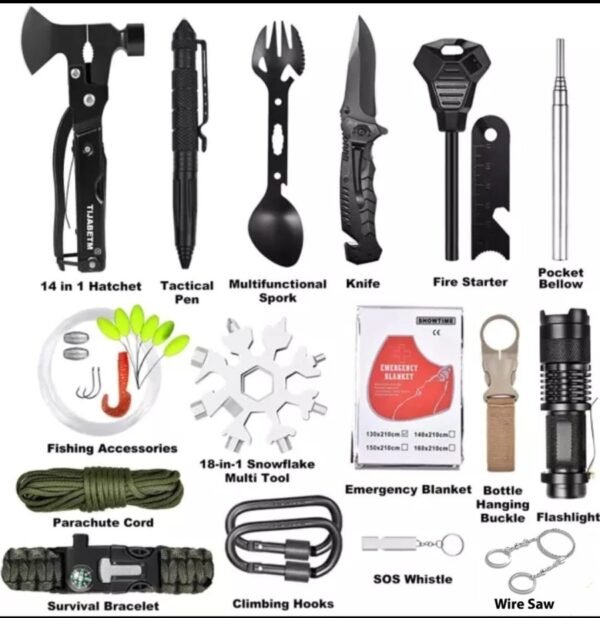 Survival kit set multifunction SOS tools for camping and hiking. Anda bisa mendapatkan survival kit ini di Erjee Camping Store, toko yang menyediakan perlengkapan camping dan hiking terlengkap di Bali.