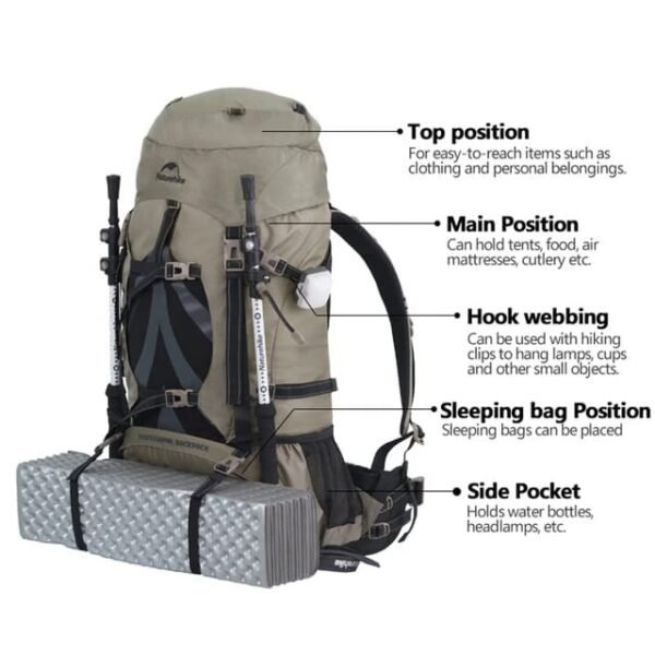 Carrier hiking backpack 70L Naturehike NH16Y020-Q terbuat dari bahan nylon. Keril gunung dapat diatur panjang pendek sesuai tinggi badan. Anda bisa mendapatkan tas gunung ini di Erjee Camping Store, toko alat camping di Bali.