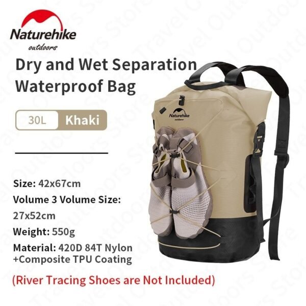 TB03 waterproof drybag Naturehike NH21FSB04 terbuat dari bahan nylon dan TPU coating, ringan, kuat, tidak mudah sobek dan mudah untuk dibersihkan. Cocok digunakan saat kegiatan outdoor karena melindungi barang anda dari air dan tahan basah. Dilengkapi dengan strap bagian depan yang bisa digunakan untuk tempat sepatu. Anda bisa mendapatkan drybag naturehike di Erjee Camping Store Bli.