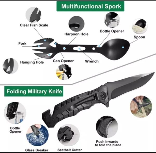 Survival kit set multifunction SOS tools for camping and hiking. Anda bisa mendapatkan survival kit ini di Erjee Camping Store, toko yang menyediakan perlengkapan camping dan hiking terlengkap di Bali.