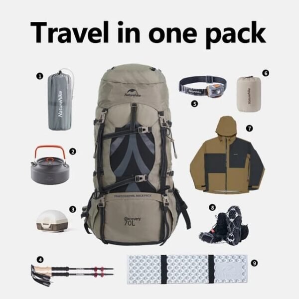 Carrier hiking backpack 70L Naturehike NH16Y020-Q terbuat dari bahan nylon. Keril gunung dapat diatur panjang pendek sesuai tinggi badan. Anda bisa mendapatkan tas gunung ini di Erjee Camping Store, toko alat camping di Bali.