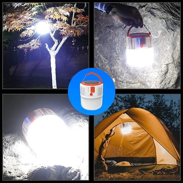 Camping lantern solar 2400mAh Rechargeable light lamp V66, ketahanan lampu hingga 4 jam, capat di cas menggunakan kabel USB dan sinar matahari. Memiliki lima jenis mode lampu. Anda bisa mendapatkan produk ini di Erjee Camping Store Bali.