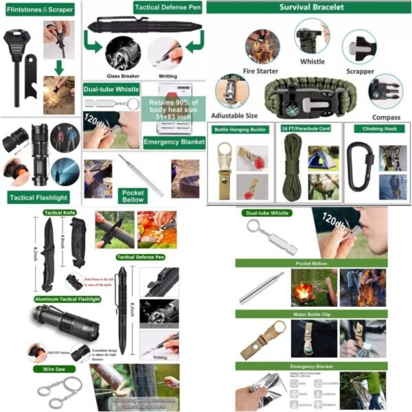 Survival kit set multifunction SOS tools for camping and hiking. Anda bisa mendapatkan survival kit ini di Erjee Camping Store, toko yang menyediakan perlengkapan camping dan hiking terlengkap di Bali.