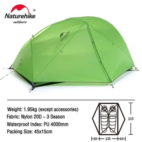 Tenda Star River Ultralight NH17T012-T Naturehike tersedia di warna hijau dan light grey. Tenda ini mempunyai kapasitas untuk dua orang dan telah dilengkapi dengan fitu anti-wind dan waterproof, selain itu tenda ini juga memiliki dua tiang dengan bentuk Y sehingga mudah dan cepat dalam memasang tenda. Anda dapat membeli tenda ini di Erjee Camping Store yang menyediakan pertalatan outdoor di Bali.