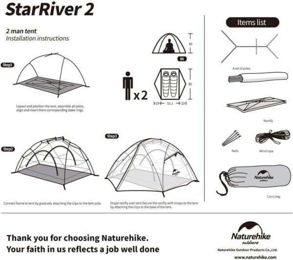 Tenda Star River Ultralight NH17T012-T Naturehike tersedia di warna orange. Tenda ini mempunyai kapasitas untuk dua orang dan telah dilengkapi dengan fitu anti-wind dan waterproof, selain itu tenda ini juga memiliki dua tiang dengan bentuk Y sehingga mudah dan cepat dalam memasang tenda. Anda dapat membeli tenda ini di Erjee Camping Store yang menyediakan pertalatan outdoor di Bali.