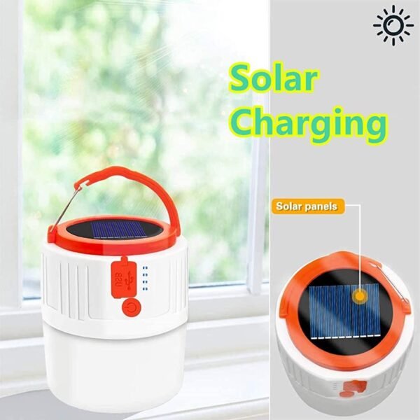 Camping lantern solar 2400mAh Rechargeable light lamp V66, ketahanan lampu hingga 4 jam, capat di cas menggunakan kabel USB dan sinar matahari. Memiliki lima jenis mode lampu. Anda bisa mendapatkan produk ini di Erjee Camping Store Bali.