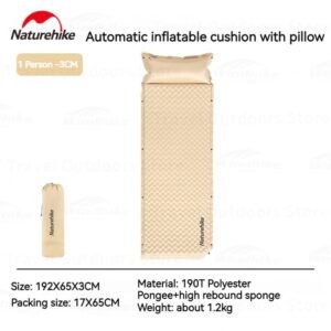 D01 automatic inflatable cushion with pillow Naturehike CNK2300DZ014 tersedia ukuran double dan single, ketebalan di 3cm dan 6cm. Anda bisa memilih sesuai kebutuhan anda. Sudah dilengkapi dengan dua repair kit dan storage bag. Anda bisa mendapatkan matras ini di Erjee Camping Store Bali.