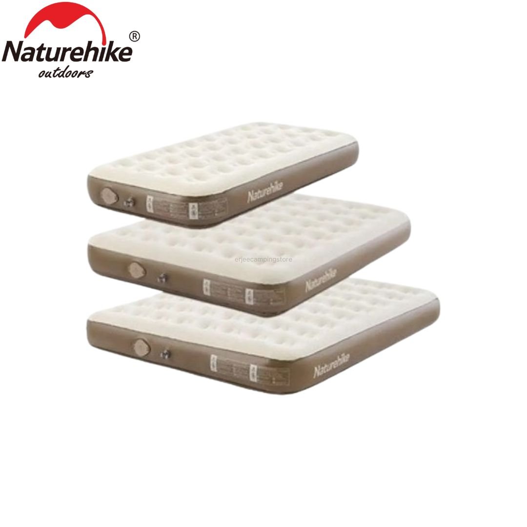 C25 built in pump PVC wind mattress Naturehike CNH23DZ10001 dilengkapi dengan pompa dan membutuhkan waktu tiga hingga lima menit hingga kasur dapat digunakan. Matras ini tersedia di ukuran single, double dan triple dengan ketebalan matras tinggi 25cm sehingga nyaman saat digunakan. Matras bisa dilipat ke ukuran yang compact dan sudah termasuk dengan tas penyimpanan. Anda bisa mendapatkan produk ini di Erjee Camping Store Bali.