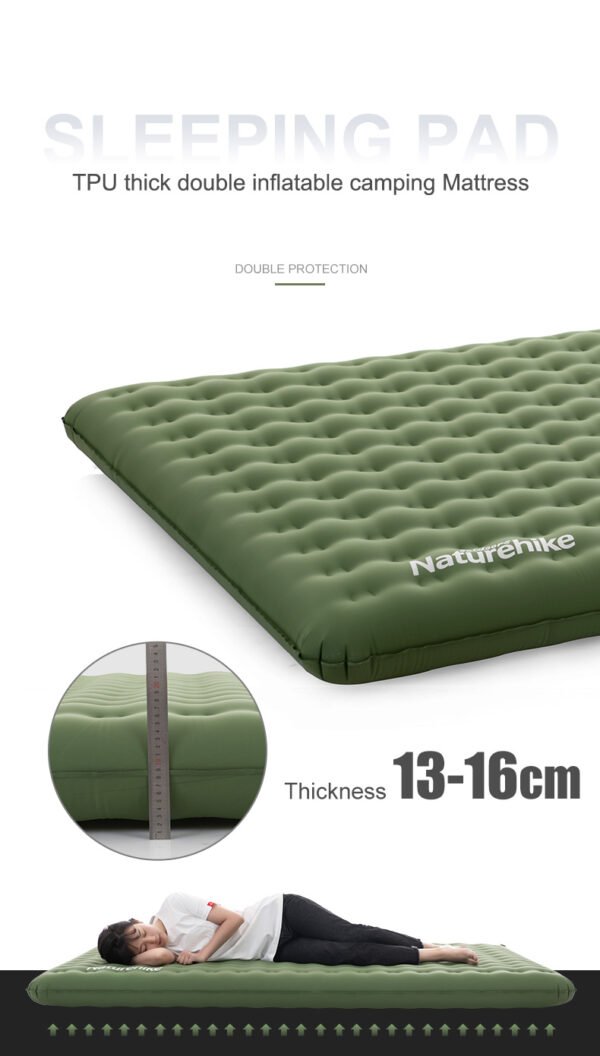 TPU thick double inflatable cushion Naturehike NH19QD010 dilengkapi dengan repair patch dan pouch, tersedia di warna abu-abu dan cokelat. Ketebalan matras 13cm sehingga nyaman saat digunakan. Anda bisa mendapatkan matras ini di Erjee Camping Store, menyediakan perlengkapan camping, hiking outdoor, camping gear Bali.