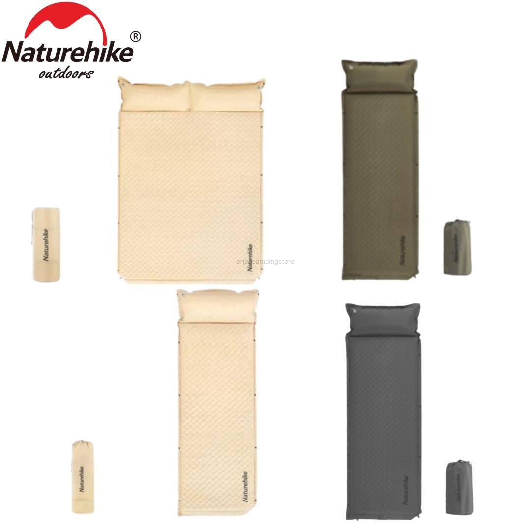 D01 automatic inflatable cushion with pillow Naturehike CNK2300DZ014 tersedia ukuran double dan single, ketebalan di 3cm dan 6cm. Anda bisa memilih sesuai kebutuhan anda. Sudah dilengkapi dengan dua repair kit dan storage bag. Anda bisa mendapatkan matras ini di Erjee Camping Store Bali.