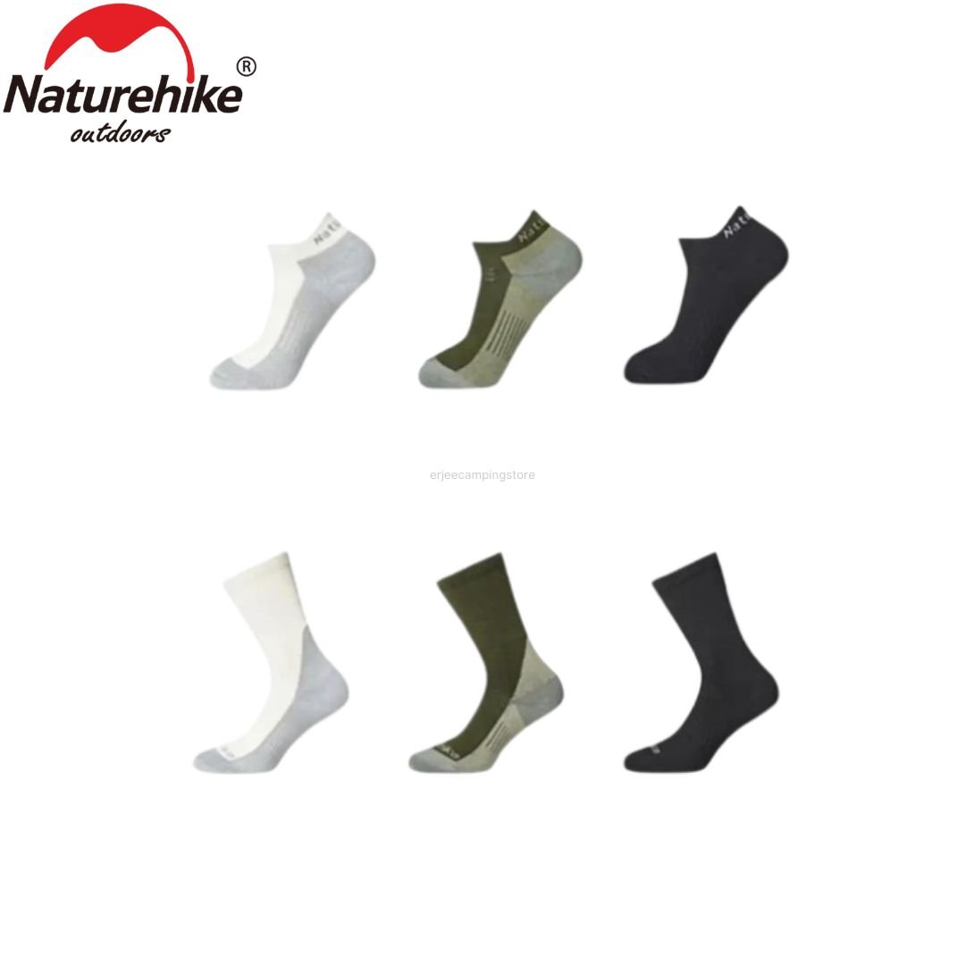 Short and Mid-Tube sport socks Naturehike CYY2421Z1010/CYY2421Z1011 terbuat dari bahan polyester, cotton, nylon dan spandex. Anda bisa mendapatkan kaos kaki ini di Erjee Camping Store Bali.