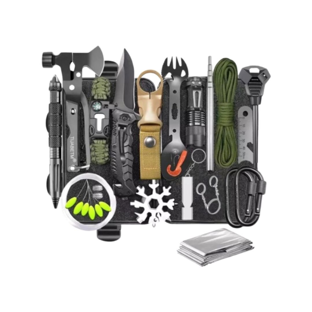 Survival kit set multifunction SOS tools for camping and hiking. Anda bisa mendapatkan survival kit ini di Erjee Camping Store, toko yang menyediakan perlengkapan camping dan hiking terlengkap di Bali.